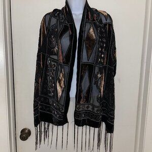 Black Burnout Velvet Scarf Paisley Geometric Fringe Wrap 63”x21”